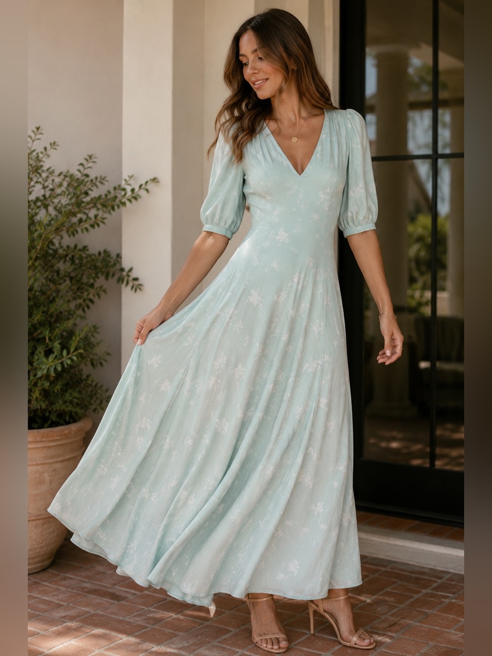 Something‎ Navy Light Teal Chalk Etch Flowers Viscose Romantic Maxi Dress
